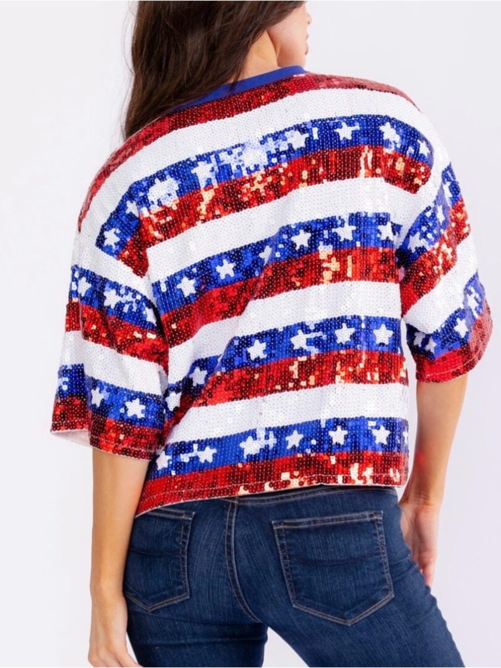 Sequin Star Striped Short Sleeve Top - Red, White & Blue - Picture 2 of 3